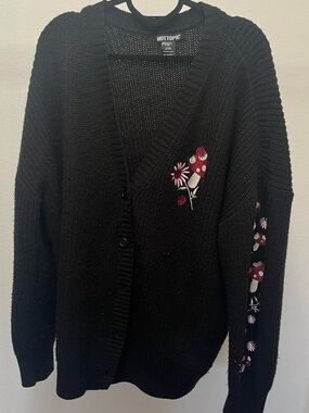 Hot Topic Black Cardigan with Red & White Mushroom Embroidery